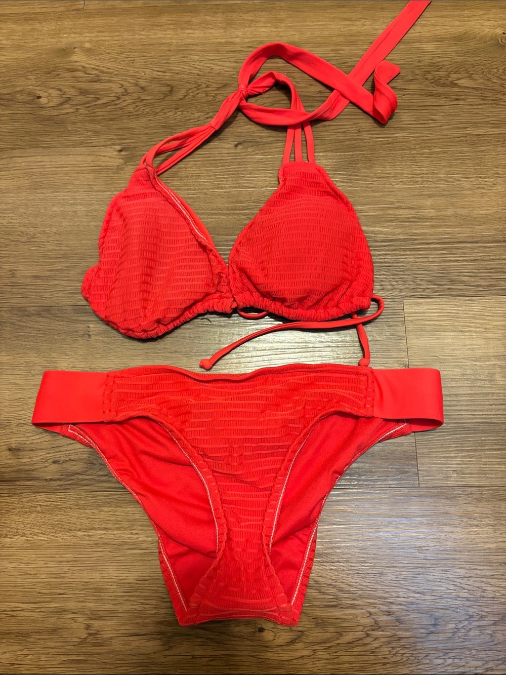 Red Textured Triangle Bikini Set - Women